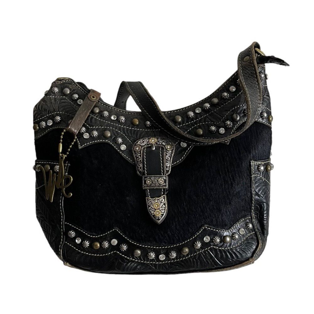 AMERICAN WEST Black Western Handbag Shoulder Bag Hair on Hide Leather Adjustable - Picture 2 of 11